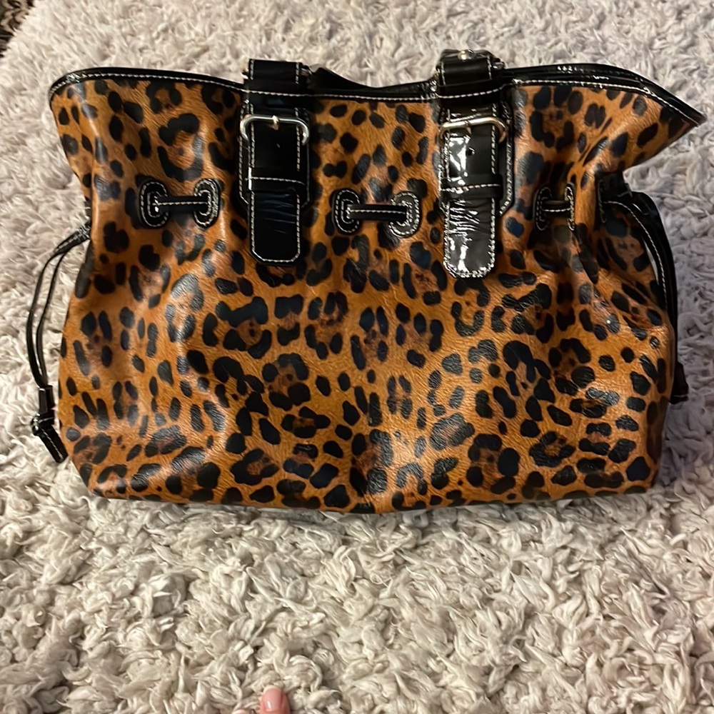 Dooney & Bourke Leopard Print Tote with Black Trim and Red Interior - Picture 4 of 9